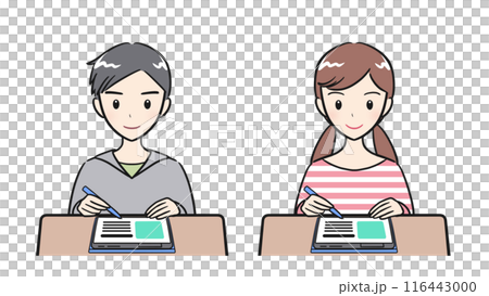 タブレット学習をする小学生の男子女子セット 116443000