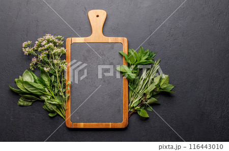 Various herbs and spices on the table 116443010