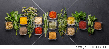 Various herbs and spices on the table Various herbs and spices on the table 116443011