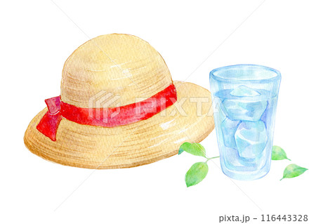水彩イラスト 麦わら帽子と冷たい水 水彩イラスト 麦わら帽子と冷たい水 116443328