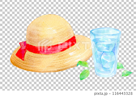 水彩插圖草帽和冷水 水彩插圖草帽和冷水 116443328