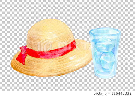水彩イラスト　麦わら帽子と冷たい水 116443332
