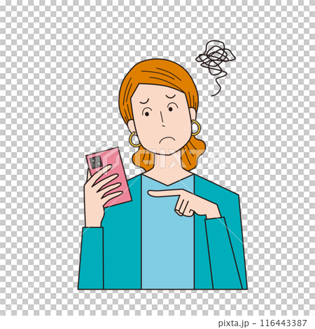 スマートフォンの操作に悩む女性 スマートフォンの操作に悩む女性 116443387