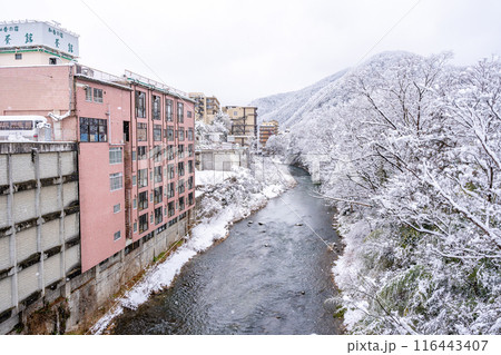 雪の飯坂温泉　歴史・規模ともに日本を代表する名泉　ヤマトタケルの時代から息づく飯坂の歴史　新十綱橋 116443407