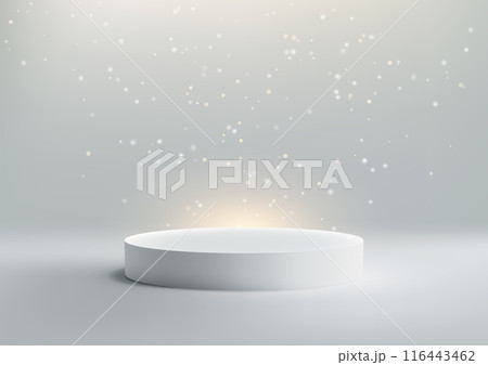 3D White Podium Illuminated by Spotlight on White Background for Modern Celebration Concept and Product Display 116443462