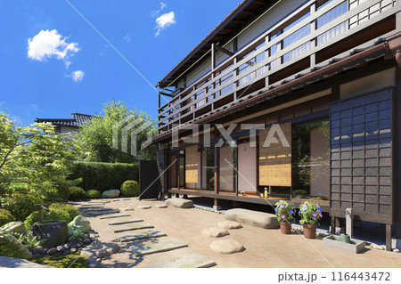 強い日差しが降り注ぐ夏の庭と木造の日本家屋 / 夏休み・帰省・田舎の実家・昭和レトロイメージ 116443472