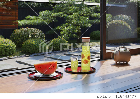 夏の日本家屋の縁側に置かれたスイカと冷茶と蚊取り豚 / 夏休み・帰省・田舎の実家・昭和レトロイメージ 夏の日本家屋の縁側に置かれたスイカと冷茶と蚊取り豚 / 夏休み・帰省・田舎の実家・昭和レトロイメージ 116443477