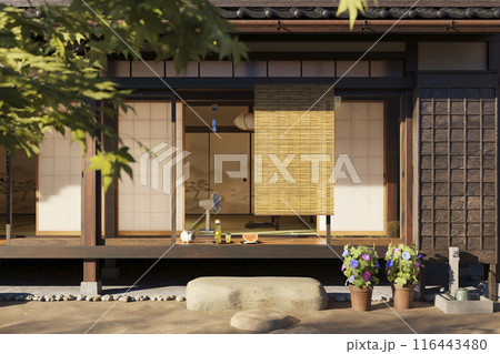 夕日が差し込む夏の日本家屋の縁側 / 夏休み・帰省・田舎の実家・昭和レトロイメージ 夕日が差し込む夏の日本家屋の縁側 / 夏休み・帰省・田舎の実家・昭和レトロイメージ 116443480