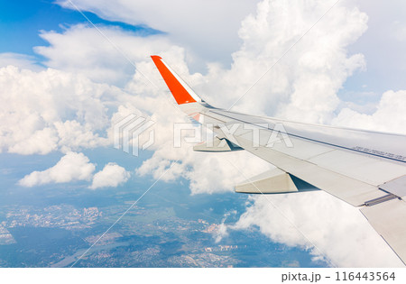 View from the airplane window during taking off on a clear summer morning View from the airplane window during taking off on a clear summer morning 116443564