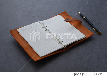 リング式のシステム手帳を開いて、日記をつけているイメージ 116443948