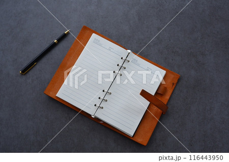 リング式のシステム手帳を開いて、日記をつけているイメージ 116443950