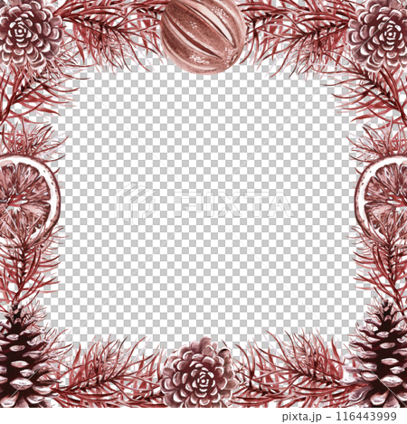Square frame of pine branches, oranges, pine cones for Christmas watercolor illustration in vintage style on white background. Hand drawn illustration for Christmas cards, wreaths Square frame of pine branches, oranges, pine cones for Christmas watercolor illustration in vintage style on white background. Hand drawn illustration for Christmas cards, wreaths 116443999