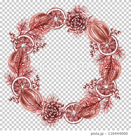 Round frame, wreath of pine branches, oranges, pine cones for Christmas watercolor illustration in vintage style on a white background. Hand drawn illustration for Christmas cards, wreaths 116444000