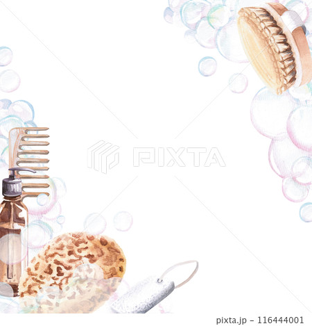 Frame with broom, a tub, , a dispenser, a washcloth in a watercolor illustration on a white background. Hand-drawn illustration, banner for advertising spa, baths, saunas, beauty salons, laundry 116444001