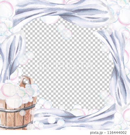 Wooden bucket with soap bubbles towel in watercolor illustration on a white background. Hand-drawn illustration of a set for advertising spa, hamam, Turkish bath, Finnish sauna, beauty salons. Wooden bucket with soap bubbles towel in watercolor illustration on a white background. Hand-drawn illustration of a set for advertising spa, hamam, Turkish bath, Finnish sauna, beauty salons. 116444002