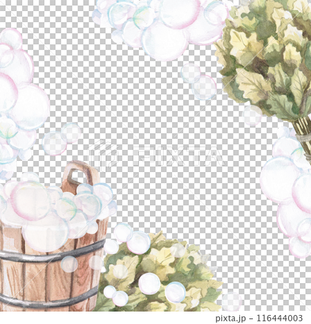Wooden bucket with soap bubbles and oak broom in watercolor illustration on a white background. Hand-drawn illustration of a set for advertising spa, hamam, Turkish bath, Finnish sauna, beauty salons 116444003