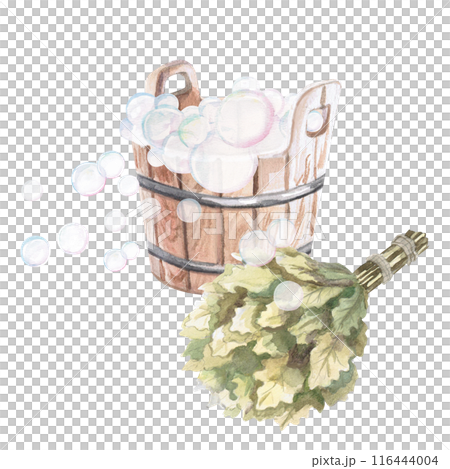 Wooden bucket with soap bubbles and oak broom in watercolor illustration on a white background. Hand-drawn illustration of a set for advertising spa, hamam, Turkish bath, Finnish sauna, beauty salons 116444004