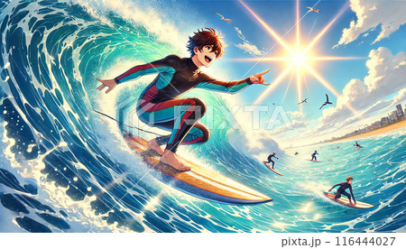 海に向かってジャンプするサーファー 116444027
