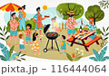 夏のキャンプ場でバーベキューをする家族のイラストセット 116444064