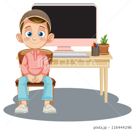 Boy Sitting by Computer Deskのイラスト素材 [116444296] - PIXTA