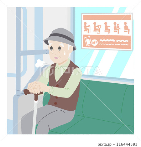 手描き風のヘルプマークを付けた優先席に座るシニア男性 116444393