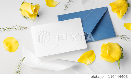 Card and blue envelope with yellow roses and white ribbon, father's day card 116444408