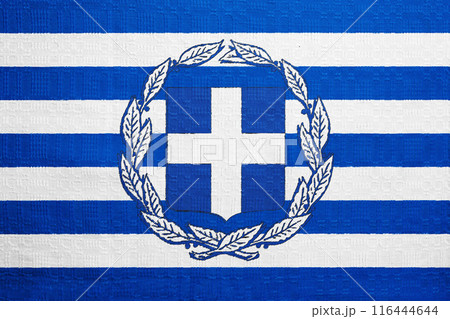 Flag and coat of arms of Greece on a textured background. Concept collage. Flag and coat of arms of Greece on a textured background. Concept collage. 116444644