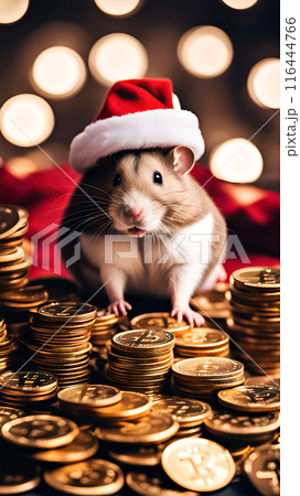 Hamster in a Santa suit with stacks of bitcoins celebrating the holiday of cryptocurrency wealth, against a background with golden shiny coins, bokeh, vertical frame 116444766