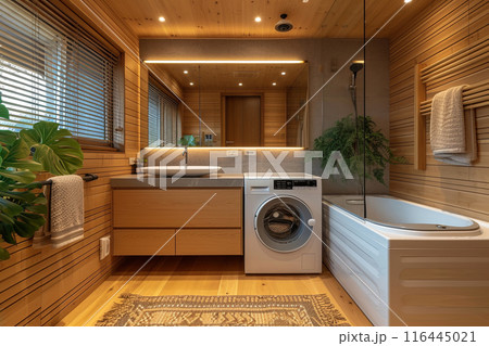 Modern bathroom with a white washer and dryer, a sink, and a bathtub. Room has a warm, cozy atmosphere with wooden accents and a potted plant 116445021