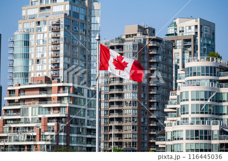 バンクーバーグランビルアイランドでなびくカナダ国旗 116445036