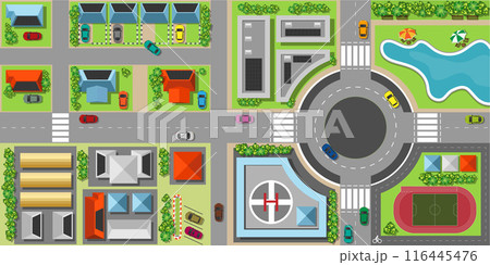 Top view of the smart city with roof of solar cell of house and car on streets. 116445476