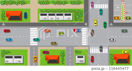 Top view of the city with smart house with roof of solar cell on streets roads and cars. Top view of the city with smart house with roof of solar cell on streets roads and cars. 116445477