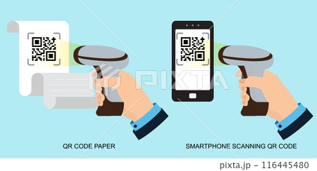 Scanner recognizing and reading a QR code on smartphone screen. Scanner recognizing and reading a QR code on smartphone screen. 116445480
