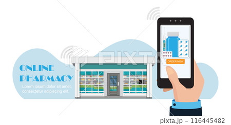 Online pharmacy and medicine concept with a medical app on a mobile phone. Online pharmacy and medicine concept with a medical app on a mobile phone. 116445482