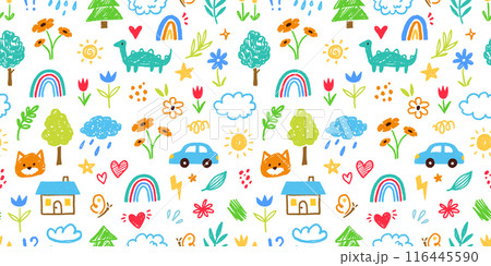 Cute kid flower, child element seamless pattern. Hand drawn doodle sketch children cute vector school chalk background. Kids doodle crayon style line flower, cloud doodle pattern. Vector 116445590
