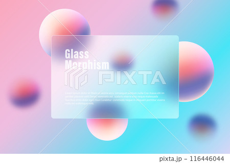 Glass morphism landing page with rectangular frame and blurry floating colored spheres. Glass morphism landing page with rectangular frame and blurry floating colored spheres. 116446044
