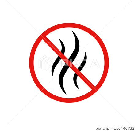 Anti bad smell icon. Odor control label. Forbidden flavors symbol. Strong flavors are not allowed. Deodorant sign. No perfume icon. Forbidden smoke. Vector illustration isolated on white background 116446732