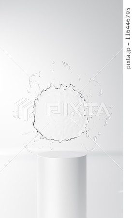 白背景と水しぶきと白い台座。3D（縦長） 116446795
