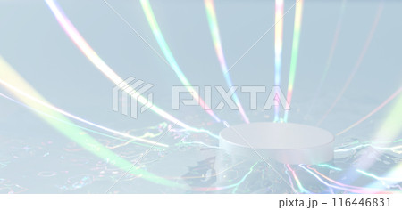 水面に放射状に輝く光と台座。カラフルな光。コピースペース。3D(横長) 水面に放射状に輝く光と台座。カラフルな光。コピースペース。3D(横長) 116446831