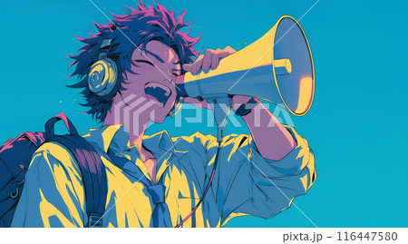 メガホンを使って叫ぶ男子学生 メガホンを使って叫ぶ男子学生 116447580