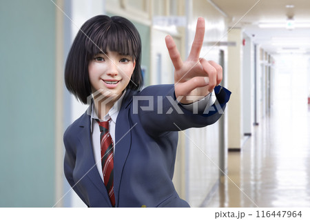 学校の廊下を歩きながらピースサインをする女子生徒 学校の廊下を歩きながらピースサインをする女子生徒 116447964