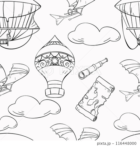 Vector seamless pattern with black white retro airships. Endless monochrome background with contour of aerostat in cloudy sky hand drawn ink. Vintage aircraft in line art for child. Airplane da Vinci 116448000