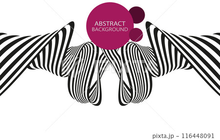Twisted ribbon of black and white stripes with circles on a white background. 116448091