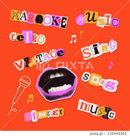 Set of colorful words cut from newspapers, magazines, and paper om music theme - karaoke, sing, song, singer. Trendy elements for collage and clip art. Vector cutouts isolated Set of colorful words cut from newspapers, magazines, and paper om music theme - karaoke, sing, song, singer. Trendy elements for collage and clip art. Vector cutouts isolated 116448365