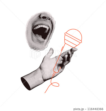 Trendy halftone collage concept. Elements cut out from a magazine, mouth, hand holding linear microphone. Retro modern design. Vector illustration 116448366