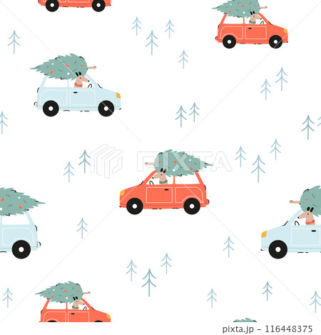 Festive Christmas seamless pattern with hand-drawn adorable dogs 116448375