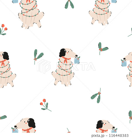 Festive Christmas seamless pattern with hand-drawn adorable dogs Festive Christmas seamless pattern with hand-drawn adorable dogs 116448383