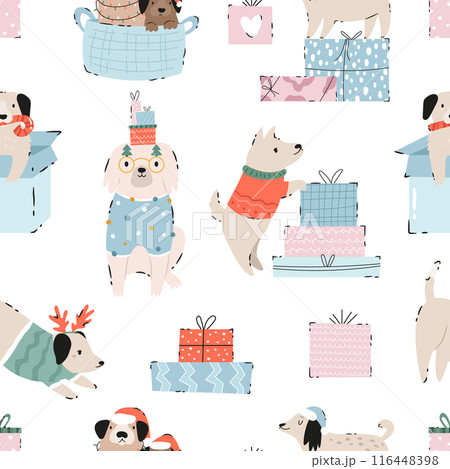 Festive Christmas seamless pattern with hand-drawn adorable dogs 116448398