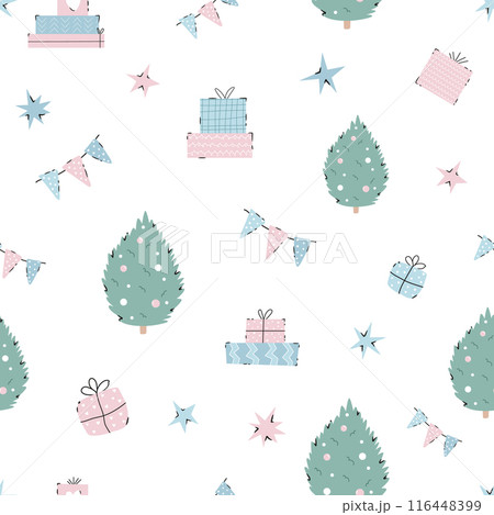 Festive Christmas seamless pattern with wrapped gift boxes, Christmas trees, decorations 116448399