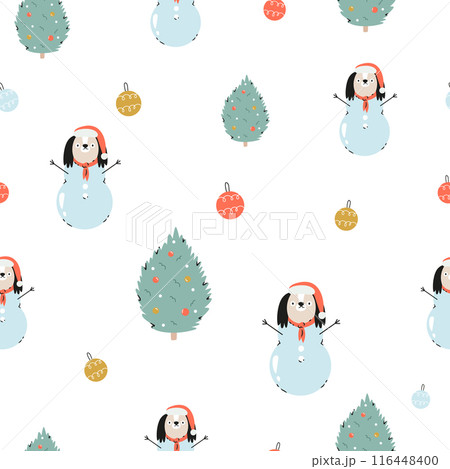 Festive Christmas seamless pattern with hand-drawn adorable dogs 116448400